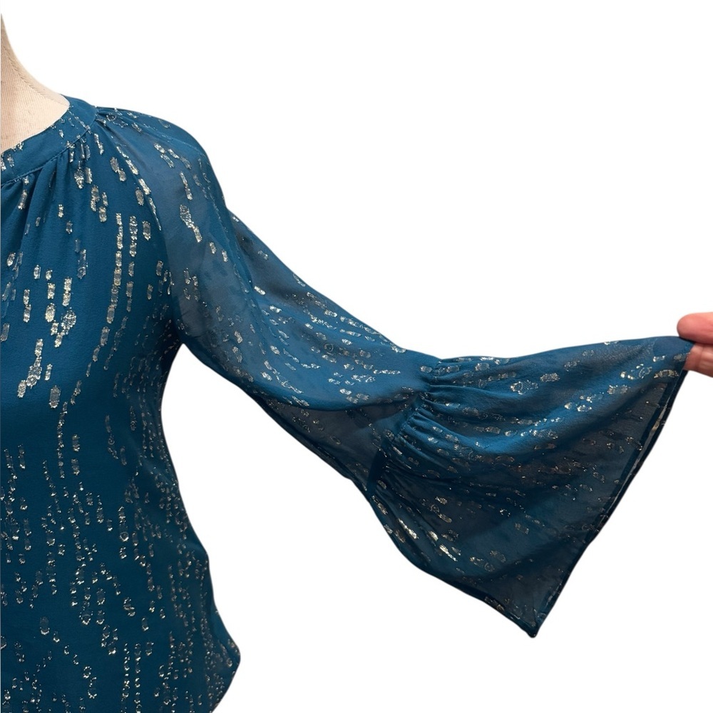 Lilly Pulitzer Matilda Silk Chiffon Blouse Teal Blue Top w/Silver Accents Sz: XS - Picture 7 of 16